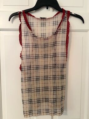 Burberry Beige Plaid Tank Top with Red Trim